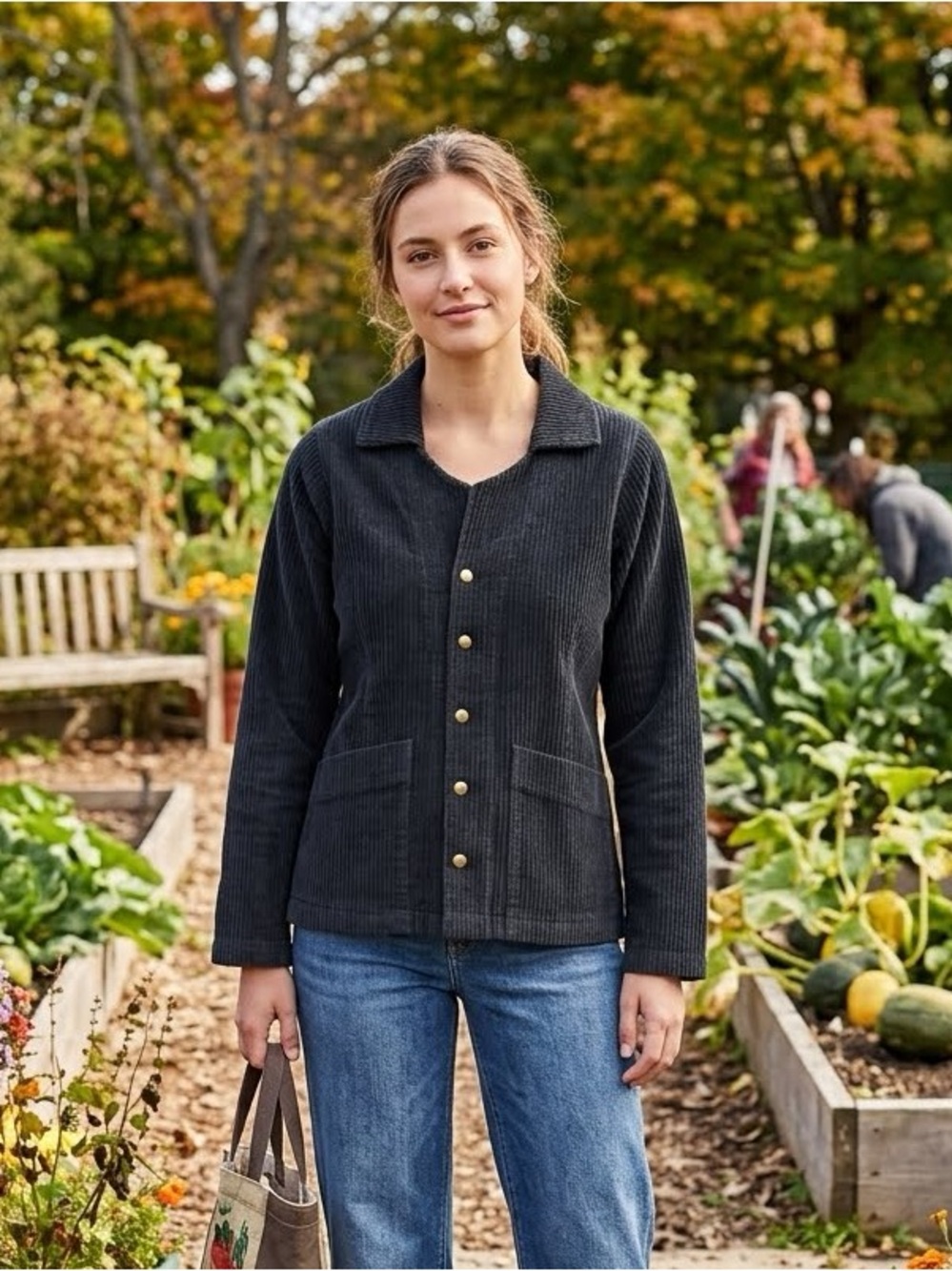 Women’s Vintage Ezze Wear Black Fine-Wale Corduroy Snap Front Jacket